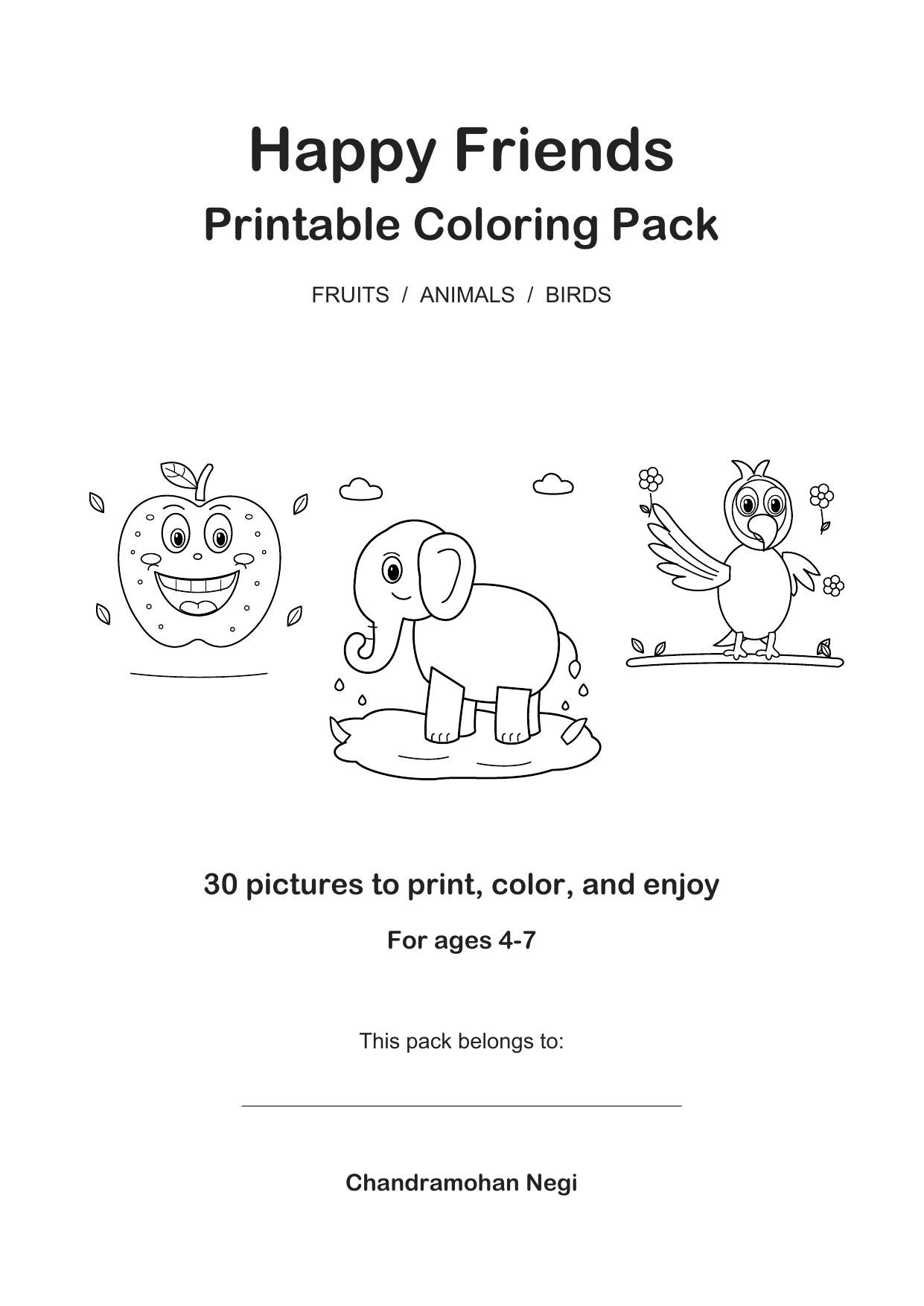 Happy Friends coloring pack cover with a smiling apple, elephant and bird